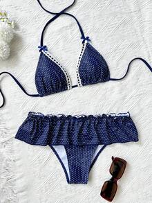 Swim Mod 2pcs Polka Dot Print Triangle Halter Bikini Set With Ruffle Hem Bottoms, Cute Girl Swimwear - Multicolor - View 6