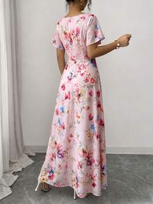 SHEIN Elenzya 女士玫瑰碎花褶皱前片荷叶袖腰部A字连衣裙，魅力优雅休闲度假通勤性感时尚约会法式街头复古百搭春夏红白多色新款短袖长裙 - 粉色 - 查看 2