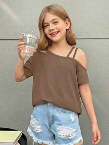 Firerie Kids Firerie Kids Nova Glow 少女休闲度假纯色针织单肩短袖上衣 - 棕色 - 查看 1