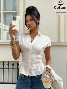 Siren Gaze Women's Elegant V-Neck Short Sleeve Blouse - Ruched Waist Slim Fit Shirt, Suitable For Office And Casual Occasions, Summer Elegant Commute Blouse, White Collar Shirt - Apricot - View 9