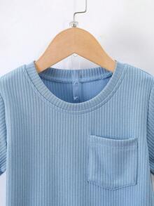 SHEIN Explorewe Young Boy Round Neck Solid Color Short Sleeve T-Shirt And Shorts Set, Summer, School, Campus, College - Blue - View 4