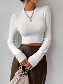 SHEIN Solid Ribbed Knit Crop Jumper - White - View 6