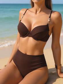 Swim Basics Bộ đồ bơi bikini cạp cao dây mảnh có đệm nâng ngực màu trơn có thể điều chỉnh cho kỳ nghỉ hè mới - màu nâu - Xem 4