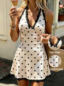Qadelle Vestido corto de mujer con espalda anudada y encaje, diseño de lunares, informal, sexy y lindo, perfecto para viajes, citas, vacaciones, banquetes y fiestas - Albaricoque - Ver 1