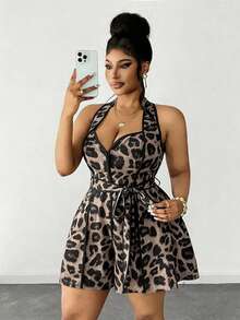 Maweii Romper Halter Seksi Motif Leopard Ukuran Plus - Khaki - View 3
