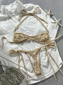 SHEIN Swim Swim Vcay 2件式亮片紋理掛脖比基尼套裝，綁帶側邊泳褲，春夏季海灘度假性感泳裝 - 彩色 - 查看 7