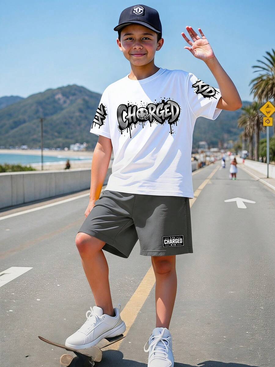 青少年男童休闲舒适时尚卡通图案简约圆领短袖T恤和短裤套装 - 彩色 - 查看 1