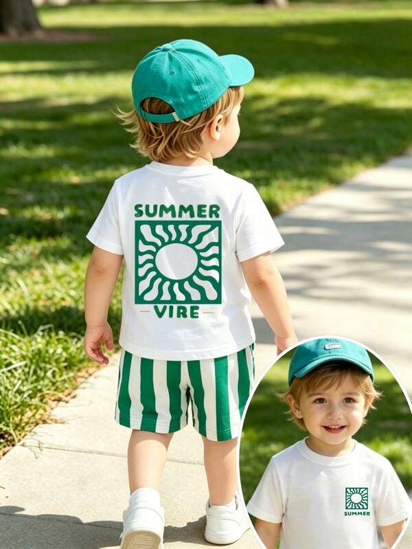 2 pièces/Set T-shirt à manches courtes à col rond avec imprimé soleil d'été et short rayé à taille élastique assorti pour bébé garçon. Vêtements pour bébé, ensemble t-shirt pour bébé garçon, tenue d'été, convient de 6 mois à 3 ans, style vacances à la plage, style vacances décontracté