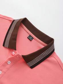Manfinity Mode 男士休闲商务条纹撞色纽扣半开襟 Polo 衫 - 珊瑚粉 - 查看 4