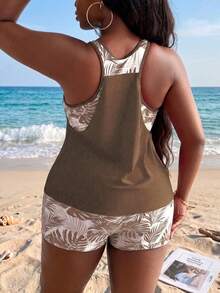 Swim Lushoire Áo tắm tankini cỡ lớn dành cho nữ, họa tiết ngẫu nhiên, có dây đeo điều chỉnh được. - Màu nâu Sô-cô-la - Xem 2