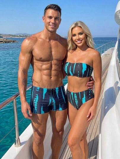 Manfinity Swimmode Men's Contrast Color Drawstring Waist Swim Trunks, Suitable For Vacation, Travel, Beach Beach, Pool, Outdoor Activities, Daily Wear Suit Set His And Hers Swimwear Beach Outfit For Men And Women Couple Swim Vcay Summer Outfits For Women Vacation National Flag Beach Outfit For Men National Flag Couple Matching Swimwear Matching Swimwear For Couples Couple Beach Holiday / Vacation / Beach / Hawaii / Tropical / Swim / Bathing
