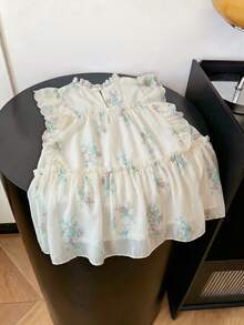 Everyssa Women's Elegant Floral Print Frill Trim Blouse, Summer - Apricot - View 2
