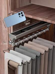 1pc Gunmetal Gray Pull-Out Sliding Clothes Hanger, Convenient And Quick, Multi-Functional Wardrobe Storage, With Painted Metal Hangers, Heavy-Duty Adjustable Clothes Rod, Space-Saving Aluminum Hanger Rod, Suitable For Bedroom Wardrobes, Apartments, And Dormitories. - Grey - View 3
