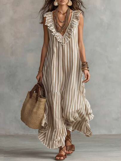 Balvessa Vestido largo de verano casual de resort con rayas tejido para mujer