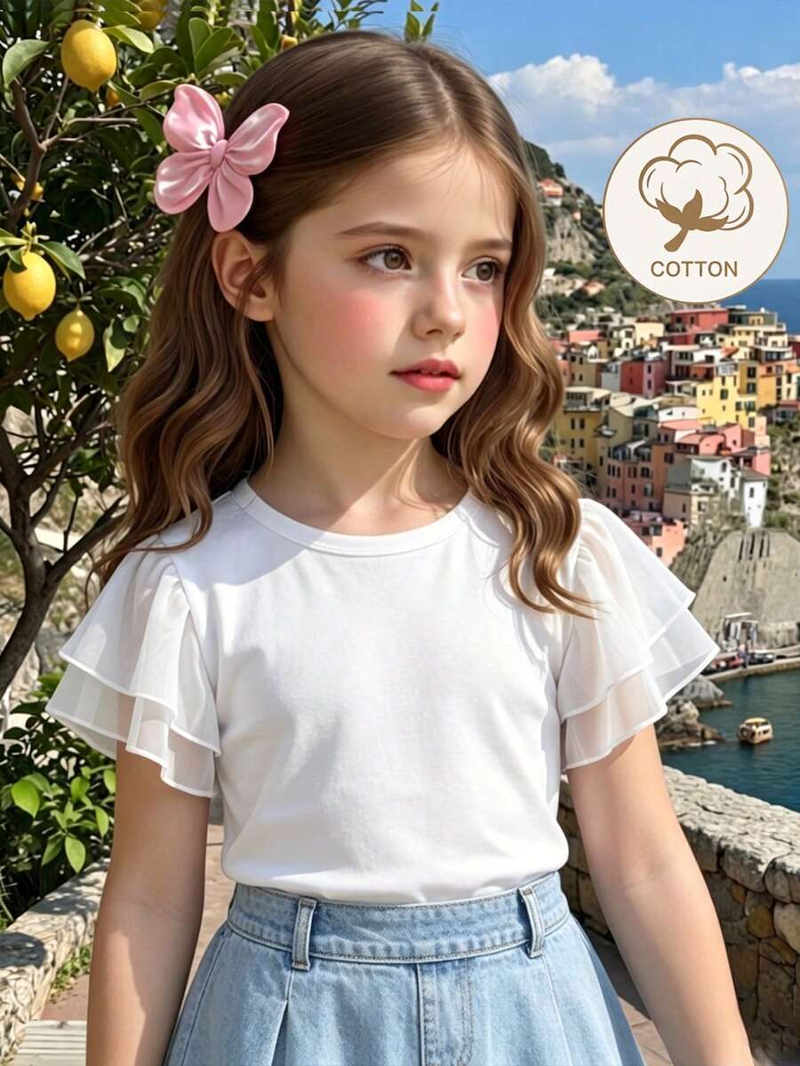 Elladie kids 一件荷叶边下摆圆领纯白色T恤，简约百搭，适合年轻女孩 - 彩色 - 查看 1