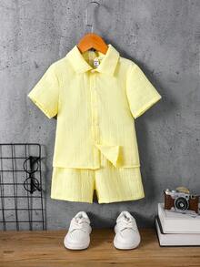 SHEIN 男童纯色 Polo 领衬衫配短裤两件套，夏季 - 黃色 - 查看 4