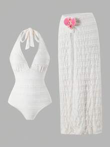 Swim Oasis Conjunto de biquíni feminino plus size de alta qualidade, com alças halter e cintura marcada, em tecido jacquard tricotado, modelo casual para o dia a dia e perfeito para praia e férias. Coleção 2026. - Branco - Ver 1
