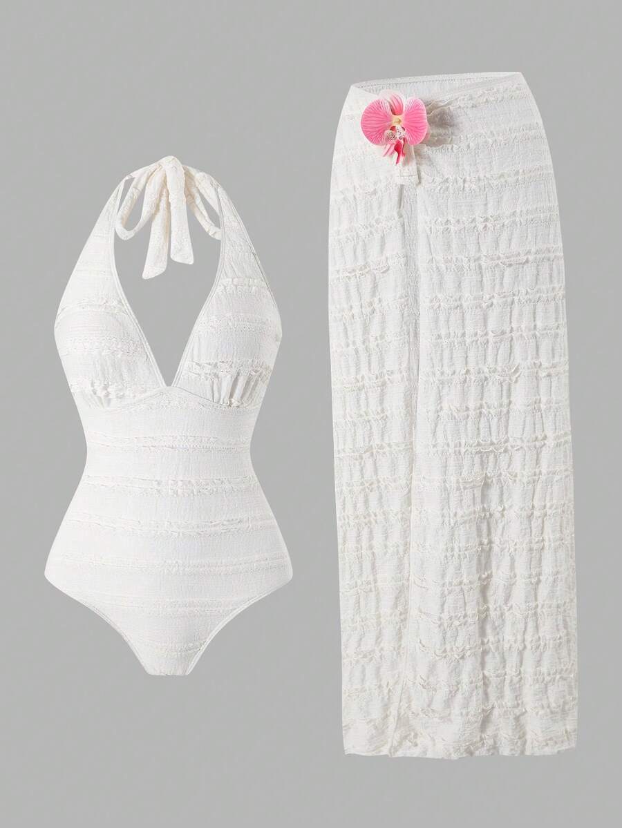 Swim Oasis Conjunto de biquíni feminino plus size de alta qualidade, com alças halter e cintura marcada, em tecido jacquard tricotado, modelo casual para o dia a dia e perfeito para praia e férias. Coleção 2026. - Branco - Ver 1