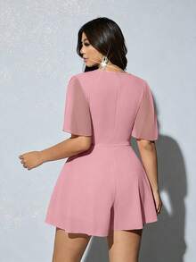 Viva Relle Plus Size Elegant Sexy Solid Color Deep V-Neck Romper For Summer - Pink - View 6