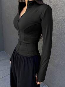 DAZY Ladies' Solid Color Simple Daily Zip-Up Jacket With Long Sleeves - Black - View 5