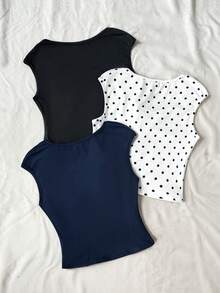 SHEIN 3 chiếc áo thun ngắn tay nhún bèo phong cách thường ngày đa năng dành cho bé gái tuổi teen. - Nhiều màu - Xem 2