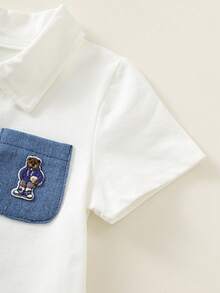 Bộ 2 món gồm: Áo liền quần polo trắng và mũ denim xanh cho bé sơ sinh trai/gái, thích hợp mặc đi nghỉ mát mùa hè. - Nhiều màu - Xem 5