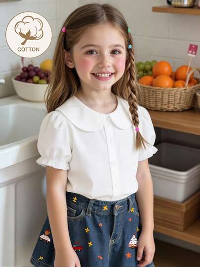 SHEIN Áo sơ mi cotton trắng cho bé gái, kiểu dáng cổ điển thời trang cho bé 4-7 tuổi, mùa hè, cổ Peter Pan tay phồng, kiểu dáng đi học, dự tiệc, tay ngắn đa năng