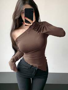 DAZY Spring Asymmetrical Neckline Fitted Long Sleeve T-Shirt With Ruffle Hem - Brown - View 2