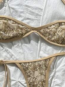 SHEIN Swim Swim Vcay 2件式亮片紋理掛脖比基尼套裝，綁帶側邊泳褲，春夏季海灘度假性感泳裝 - 彩色 - 查看 8