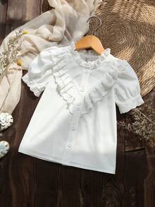 SHEIN Elladie kids 女童春夏白色鏤空蕾絲飾邊上衣，可愛泡泡袖前開扣梭織襯衫，休閒校園夏季款 - 白色 - 查看 5