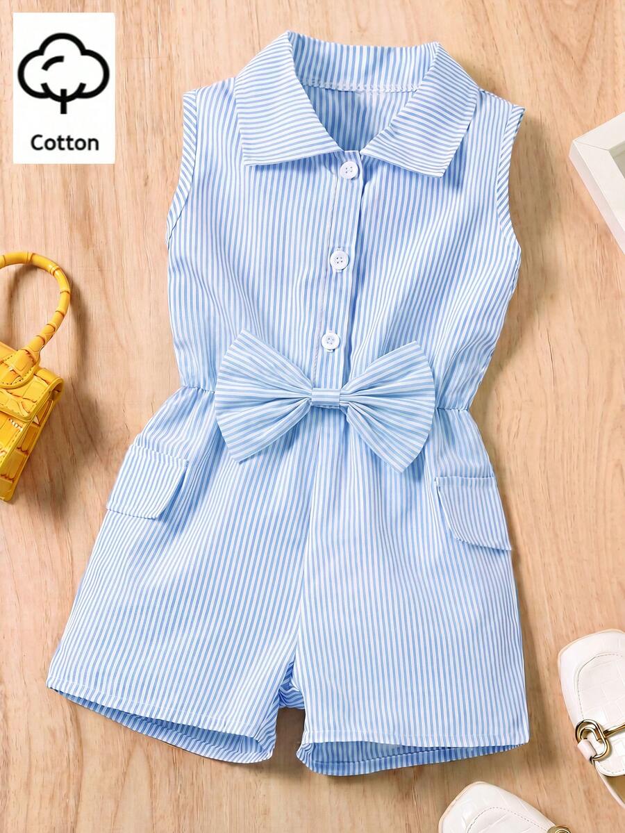 SHEIN Genkimix Kids 年轻女孩夏季休闲度假通勤撞色条纹印花蝴蝶结装饰腰部无袖连体裤 - 藍色 - 查看 1