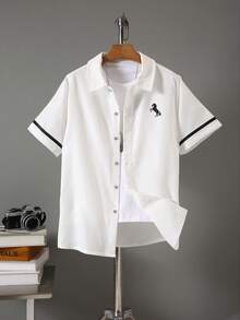 Vacaura Teenage Boys' Fashionable Printed Polo Collar Short Sleeve Casual Versatile Shirt - White - View 3