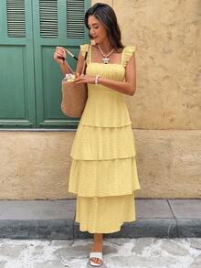 Serisse Women's Summer Beach Vacation Style Minimalist Solid Color Square Neck Ruffle Hem Dress,Dresses For Women Summer - Light Yellow - View 6