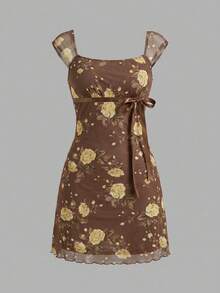 Floral Print Mesh Pleat Dress With Bow - Black - View 4