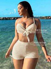 Swim  Conjunto de bikini de textura de unicolor para mujeres en verano en la playa - Albaricoque - Ver 3