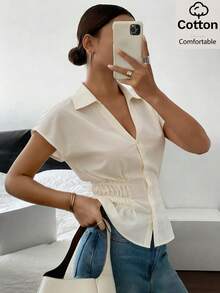 Siren Gaze Women's Elegant V-Neck Short Sleeve Blouse - Ruched Waist Slim Fit Shirt, Suitable For Office And Casual Occasions, Summer Elegant Commute Blouse, White Collar Shirt - Apricot - View 5