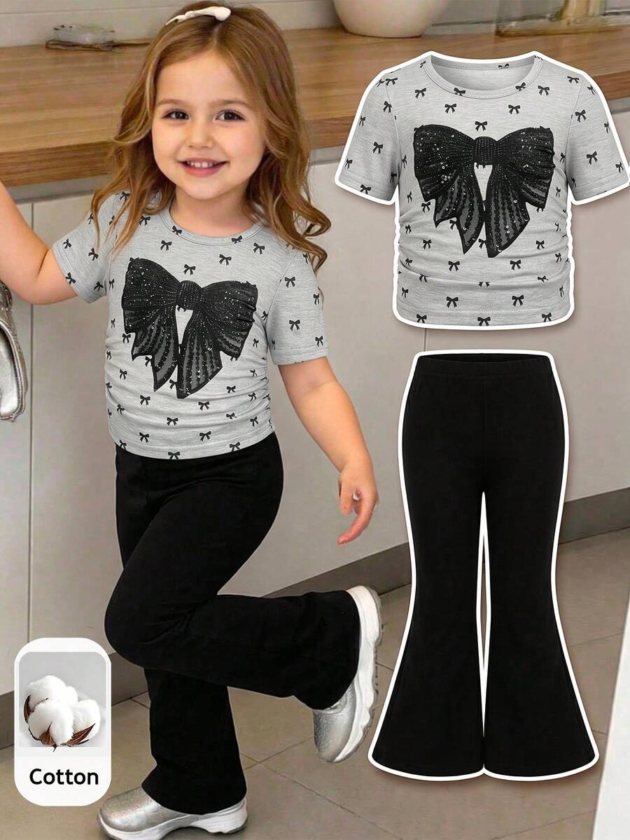 SHEIN 2pcs Baby Girl Knitted Solid Color Round Neck Bow Decor Pleated T-Shirt And Flare Pants Set - Multicolor - View 1