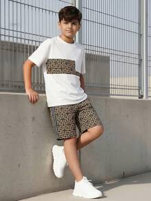 Vacaura 青少年男孩夏季休闲拼布印花T恤和短裤套装 - 白色 - 查看 3