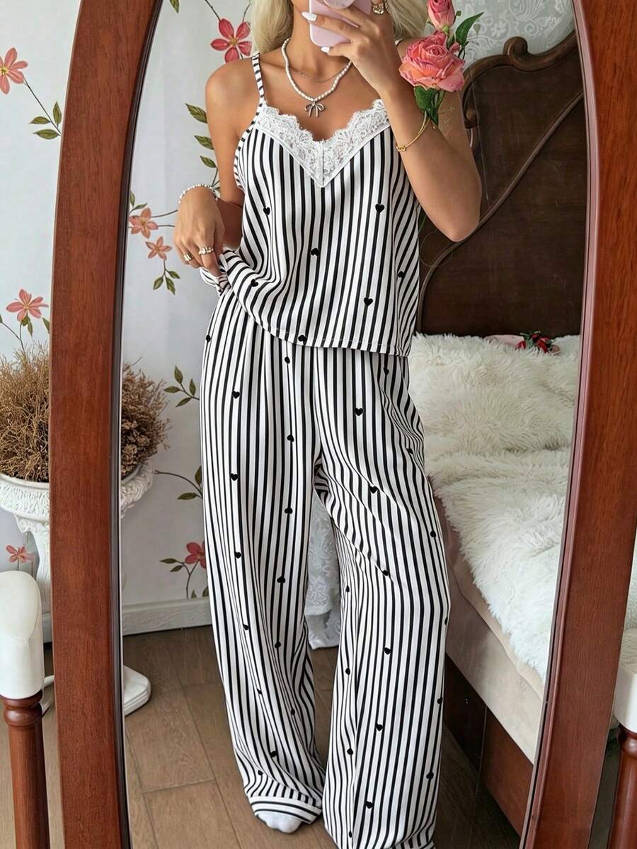 CottageSlumber Women's Striped Heart Print V-Neck Contrast Lace Camisole And Pants Pajama Set, Spring/Summer - Black - View 1