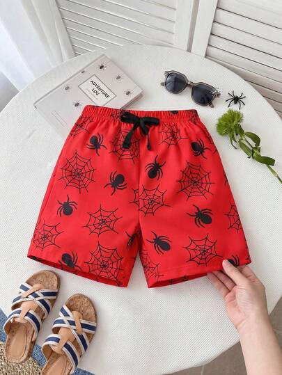 SHEIN Sparklyn Young Boy Spider Print Knot Waist Shorts