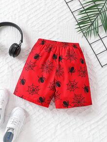 SHEIN Sparklyn Young Boy Spider Print Knot Waist Shorts - Multicolor - View 2