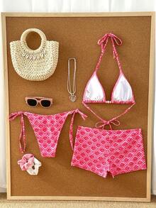 Swim Mod 3-Piece Swimsuit Set For Women,White,Summer,Boho,Holiday,Pool Party,Holiday Floral & Plaid Print Halter Bikini Top & Tie-Side Bottom With Shorts - Multicolor - View 2
