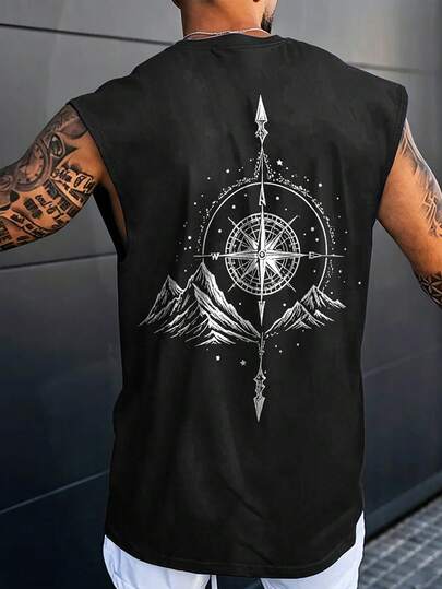 Manfinity LEGND Plus Size Men's Casual Mountain & Compass Print Round Neck Tank Top, Summer
