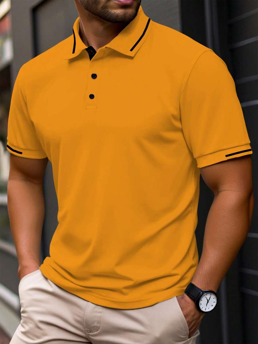 Manfinity Homme Men's Plus Size Casual Business Striped Contrast Color Button Half Placket Polo Shirt, Formal - Yellow - View 1