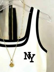Resyla Cotton Casual Sporty Slim-Fit NY Letter Print Contrast Color Tank Top For Women Back-To-School Gym Black And White Summer - Black and White - View 3