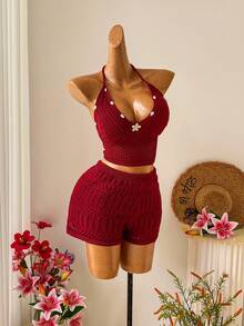 Soleia Bộ đồ cỡ lớn mới, áo thun cổ yếm và quần short dệt kim khoét lỗ họa tiết hoa vỏ sò, gồm 2 món. - Màu Đỏ Sâu - Xem 4