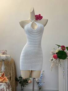 INAWLY Solid Color Halter Neck Hollow Out Backless Casual Tropical Sleeveless Sweater Dress Beach Vacation White Summer - White - View 1