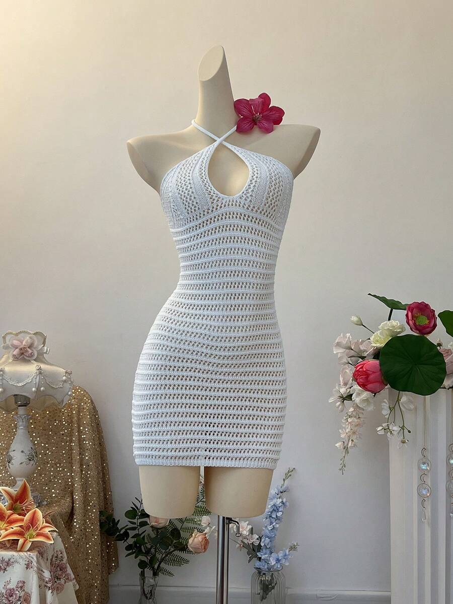 INAWLY Solid Color Halter Neck Hollow Out Backless Casual Tropical Sleeveless Sweater Dress Beach Vacation White Summer - White - View 1