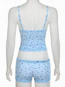 INAWLY Women Lace Patchwork Camisole And Shorts Casual Cute 2 Pieces Set Sleep Light Blue Summer Lounge - Multicolor - View 3