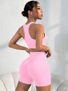 Dewbera Dewbera Women's Solid Color Ribbed Cropped Tank Top And Shorts Set - Dusty Pink - View 2